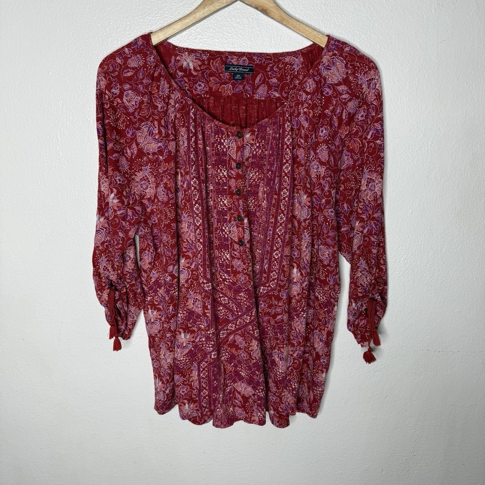 Lucky Brand Red Peasant Boho Bohemian Top Shirt Women's 2X Blouse Floral Cottage